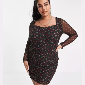 Asos Curve Black red cherry mesh overlay long sleeve square neck mini dress 12